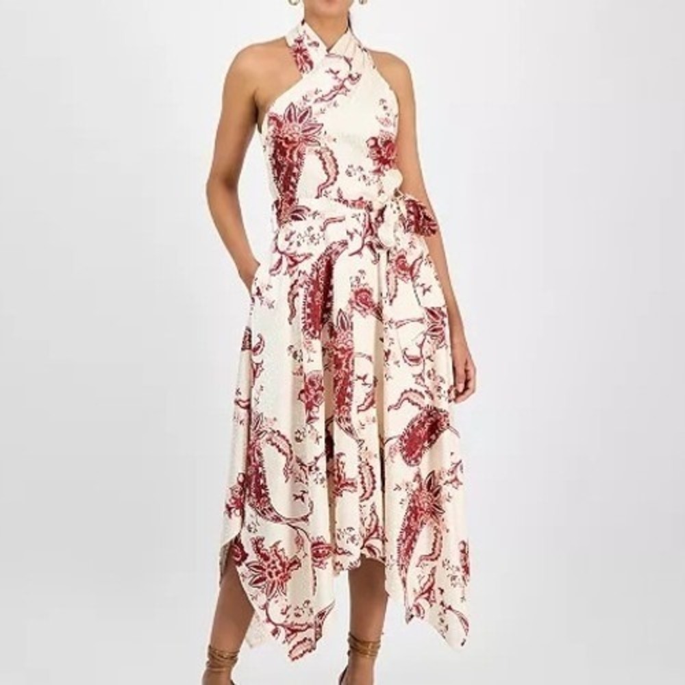 Rachel Roy Lary Floral Asymmetric Hem Halter Tie Waist Dress Womens Size 12 NWT